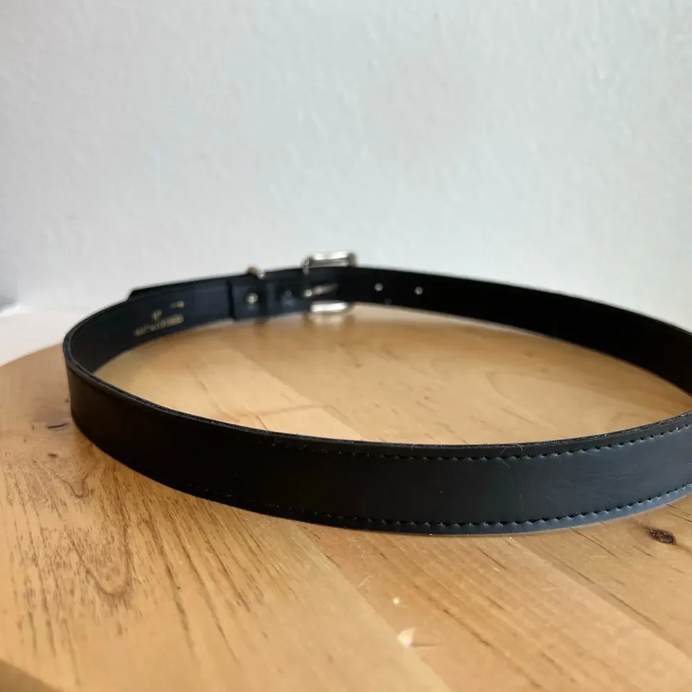 Vintage 90s Black Vegan Leather Silver Buckle Belt Size XS to Small